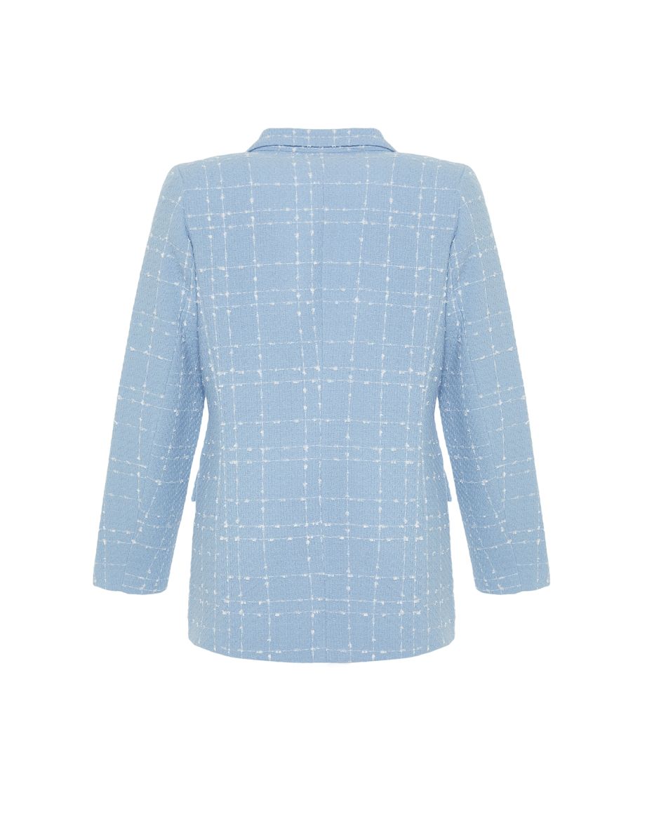 Light Blue Oversize Woven Plaid Blazer Jacket - 7