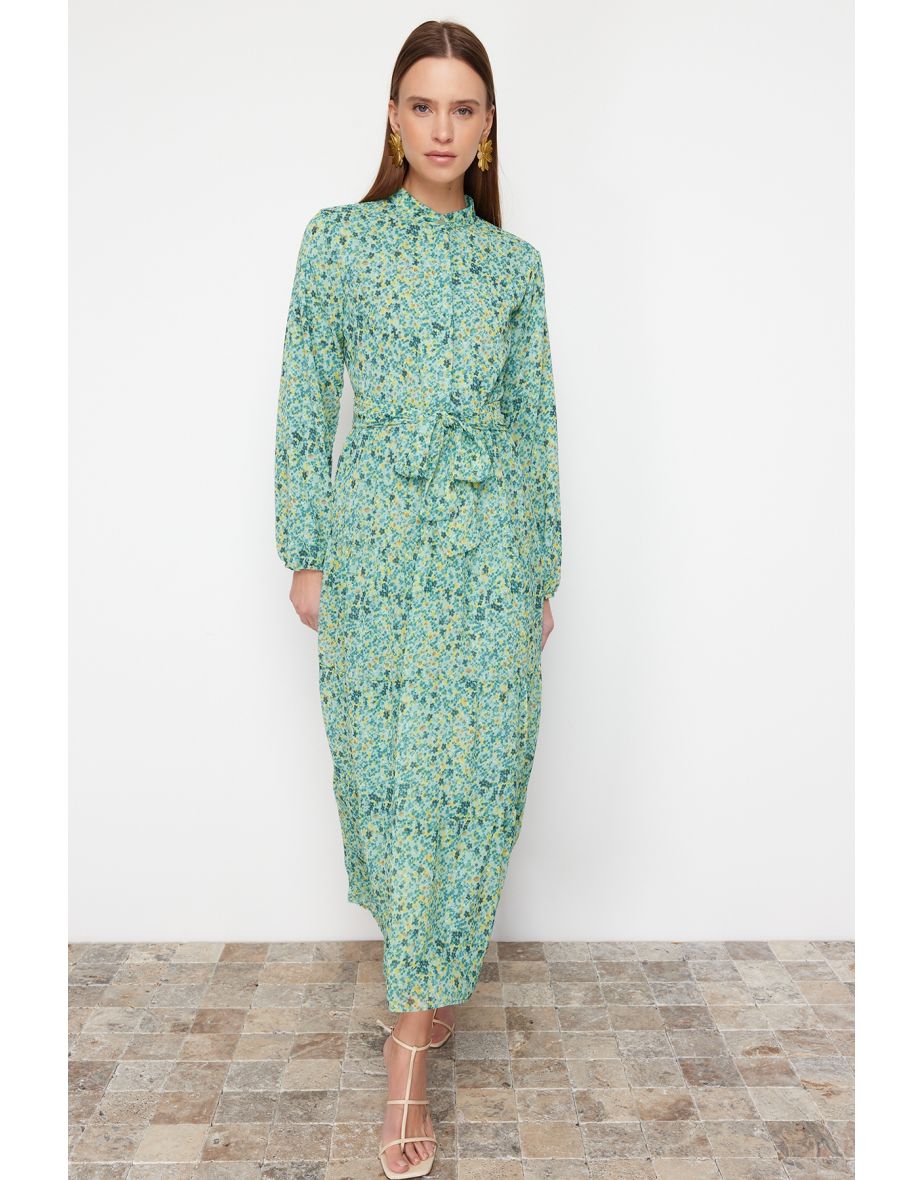 Emerald Green Patterned Belted Stand Collar Lined Chiffon Woven Dress