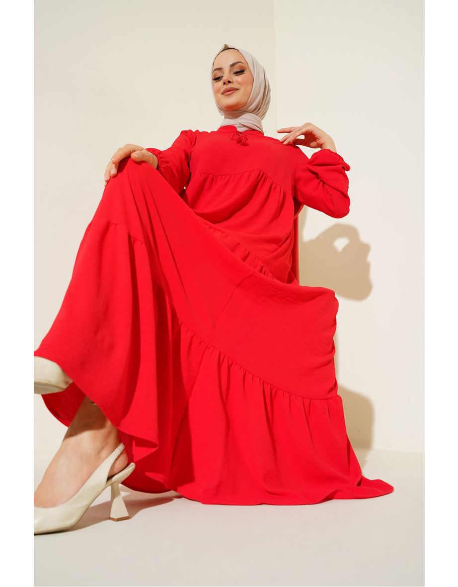Collar Lace-Up Hijab Dress - Red - 6