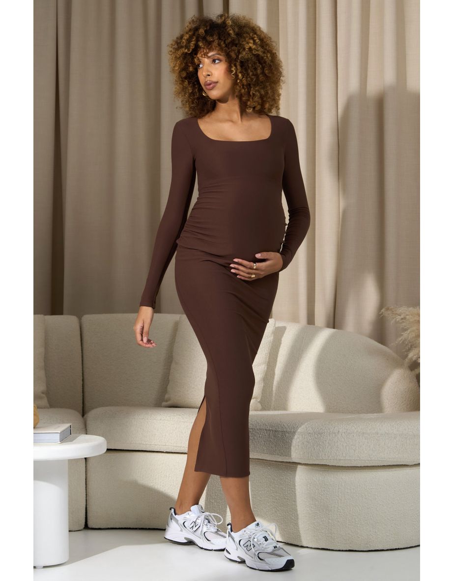Leonora | Chocolate Brown Square-Neck Long-Sleeve Split Maternity Maxi Dress - 4