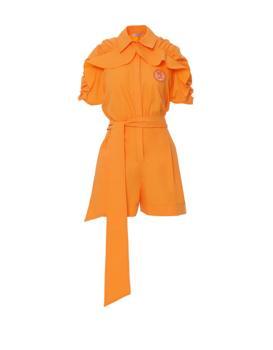 Short Orange Jumpsuit With Shirring Sleeves With Embroidery Applique Detail - 4