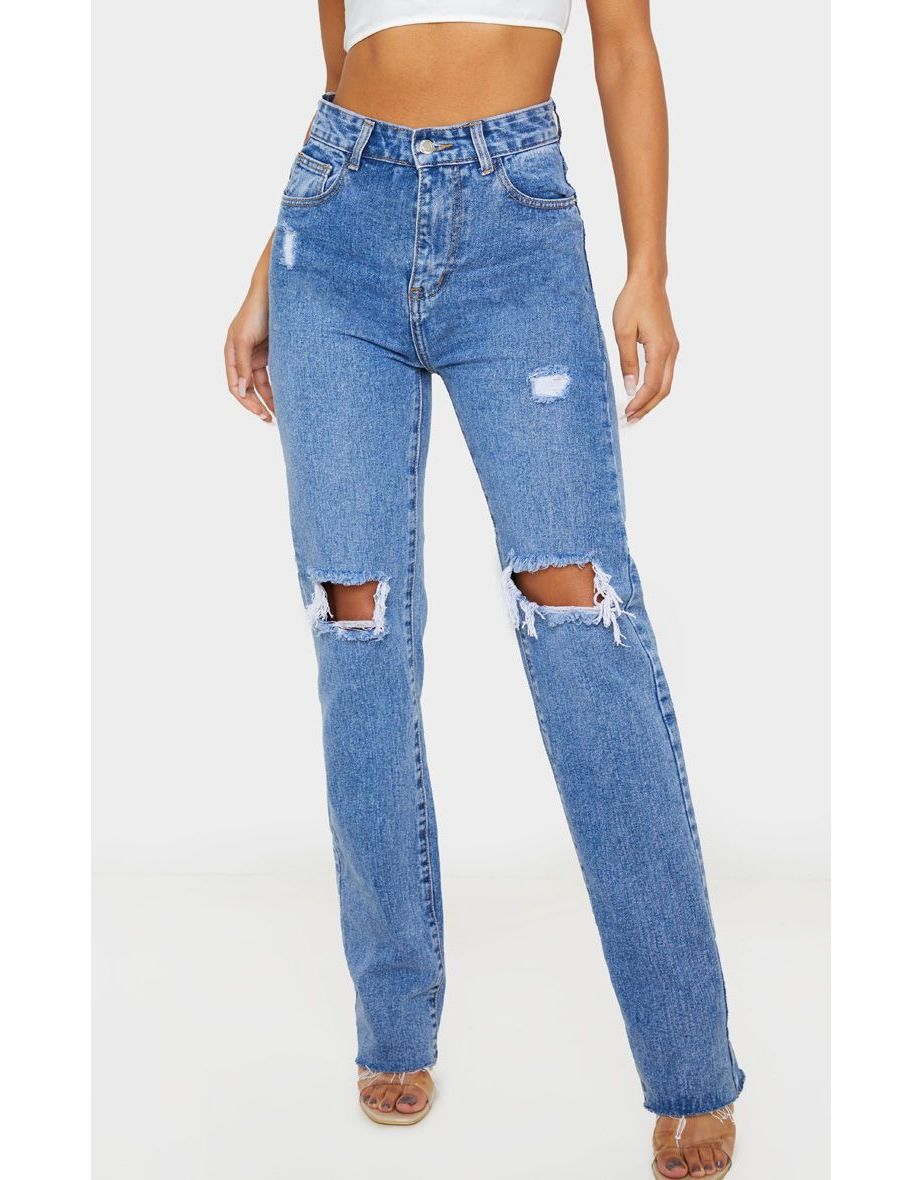Mid Wash Extra Long Distressed Straight Leg Jeans
