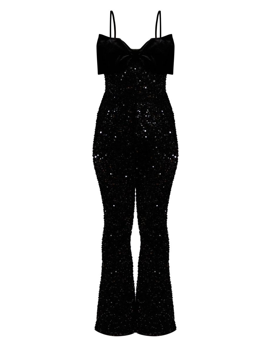 Black Sequin Strappy Velvet Bow Flared Jumpsuit - 4