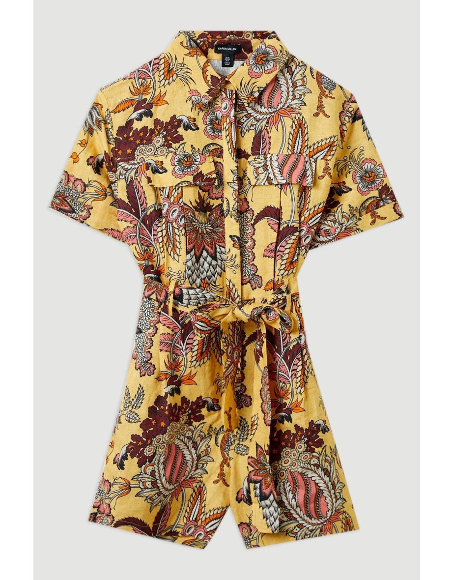 Paisley Viscose Linen Belted Woven Playsuit - 3