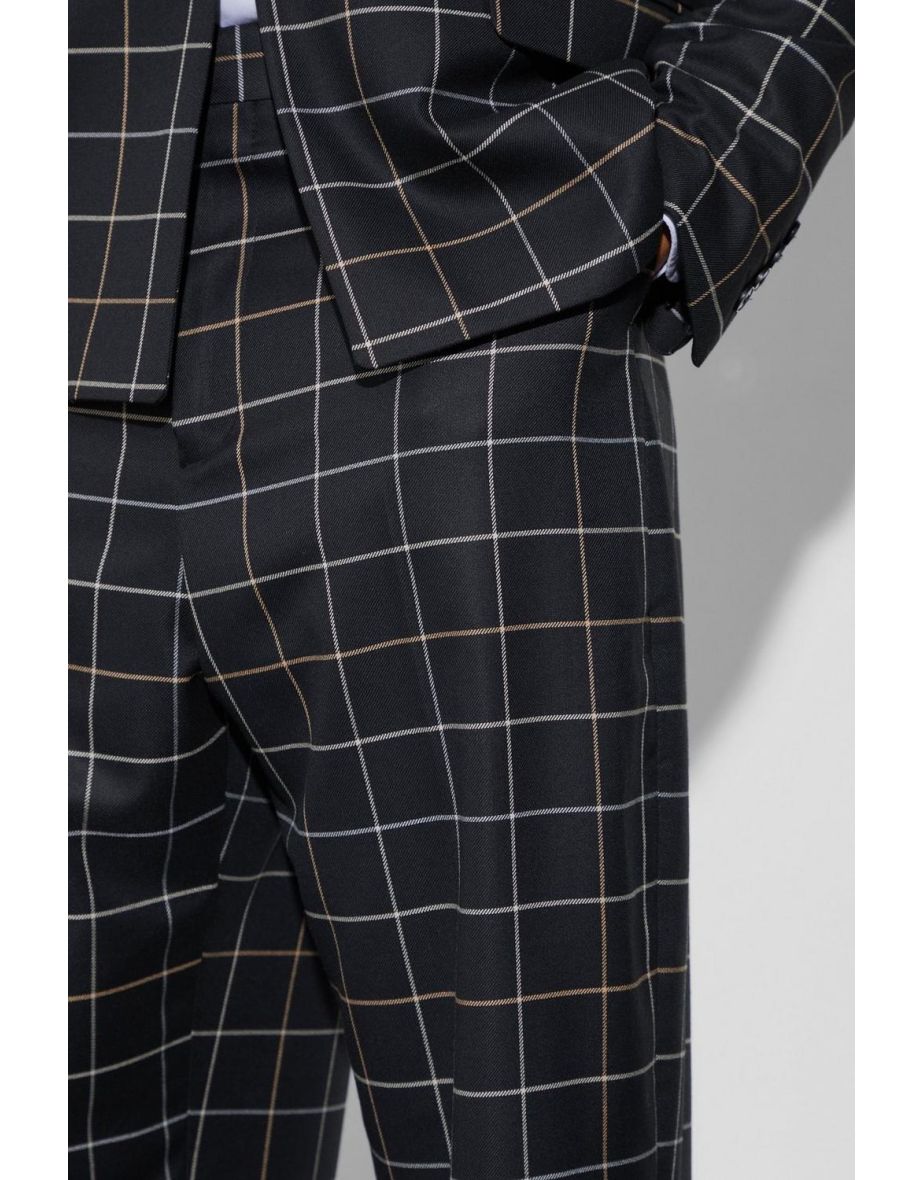 Relaxed Fit Windowpane Check Suit Trousers - black - 2