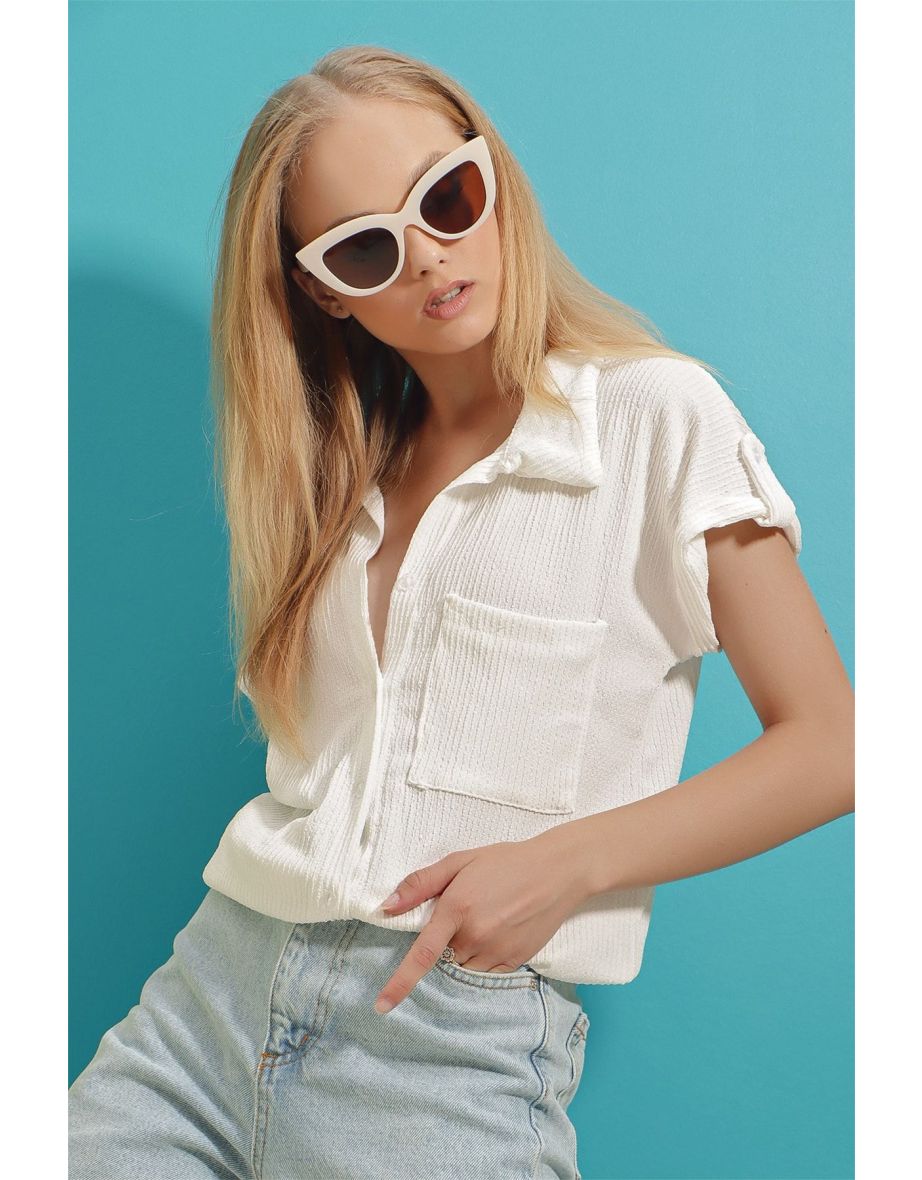 Women's Ecru Cuffed Double Breasted Short Sleeve Textured Shirt