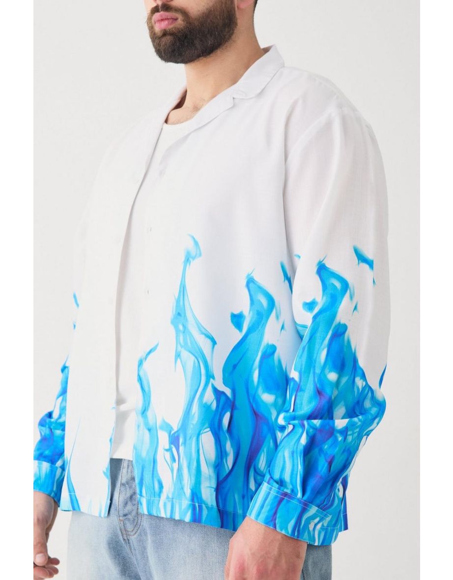 Plus Longsleeve Drop Revere Slub Flame Print Shirt - white - 2
