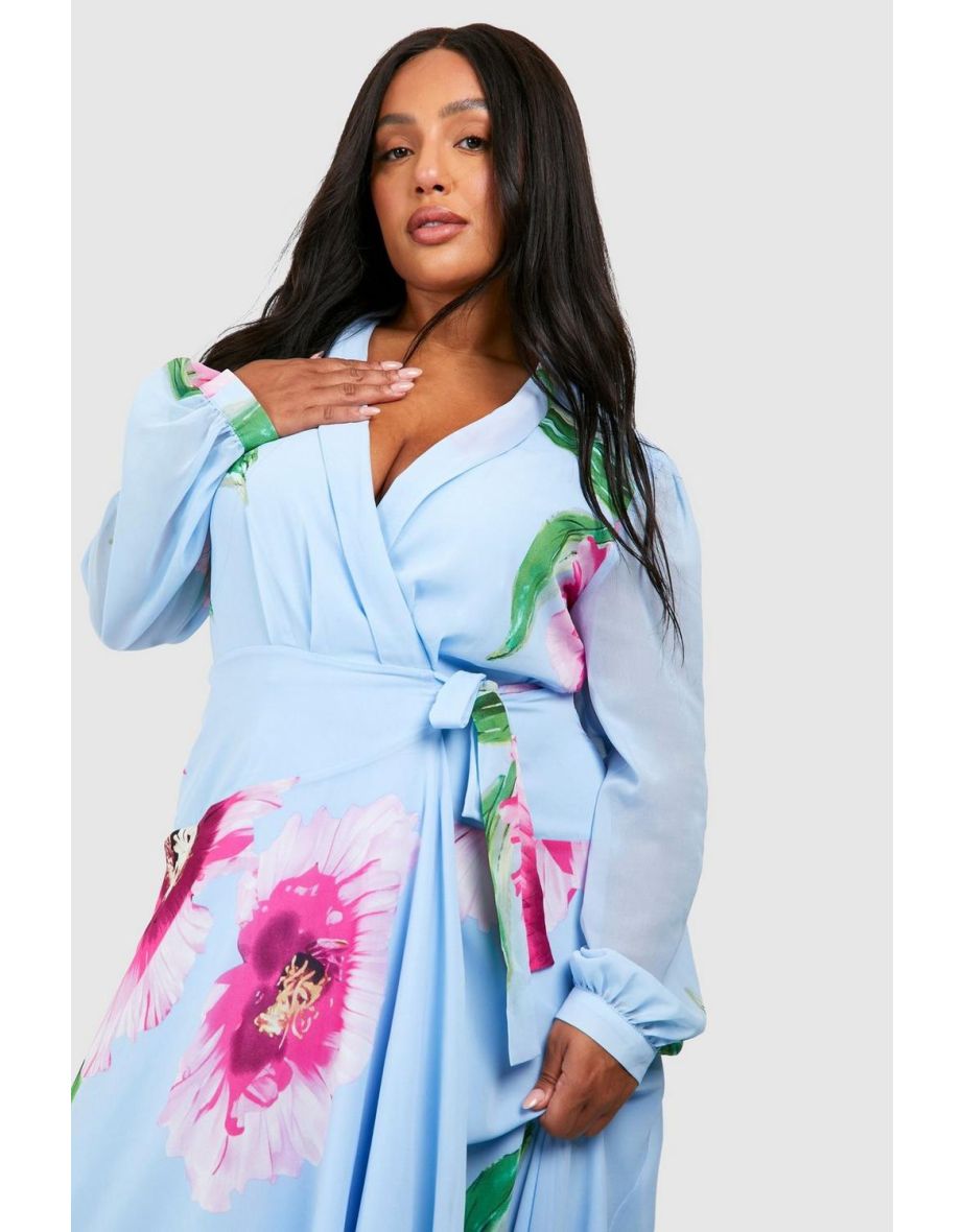 Plus Floral Print Long Sleeve Wrap Maxi Dress - blue - 3