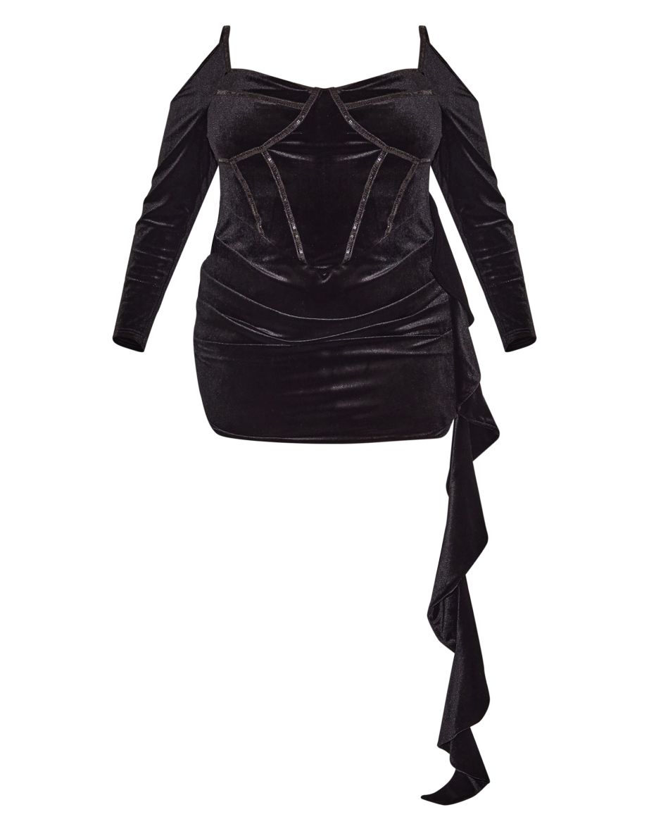 Plus Black Bardot Sleeve Seam Detail Velvour Mini Dress - 4