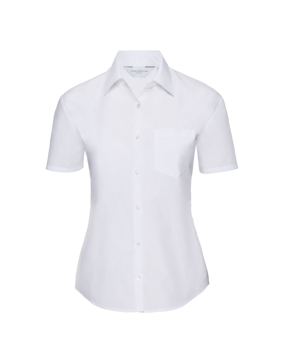 Russell Collection Ladies/Womens Short Sleeve Poly-Cotton Easy Care Poplin Shirt - White