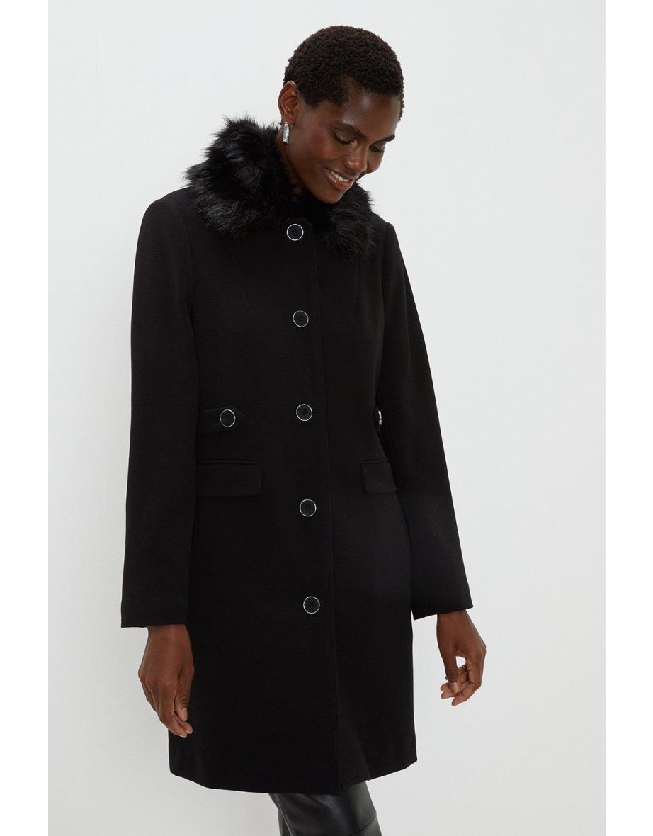 Black Faux Fur Collar Button Detail Pea Coat - 3