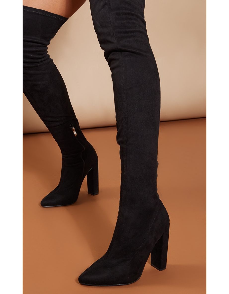 Black Faux Suede Rounded Point Toe Over The Knee Heeled Boots - 3