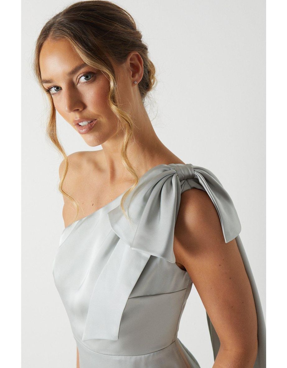 Bow And Drape Detail One Shoulder Satin Bridesmaids Dress - 3