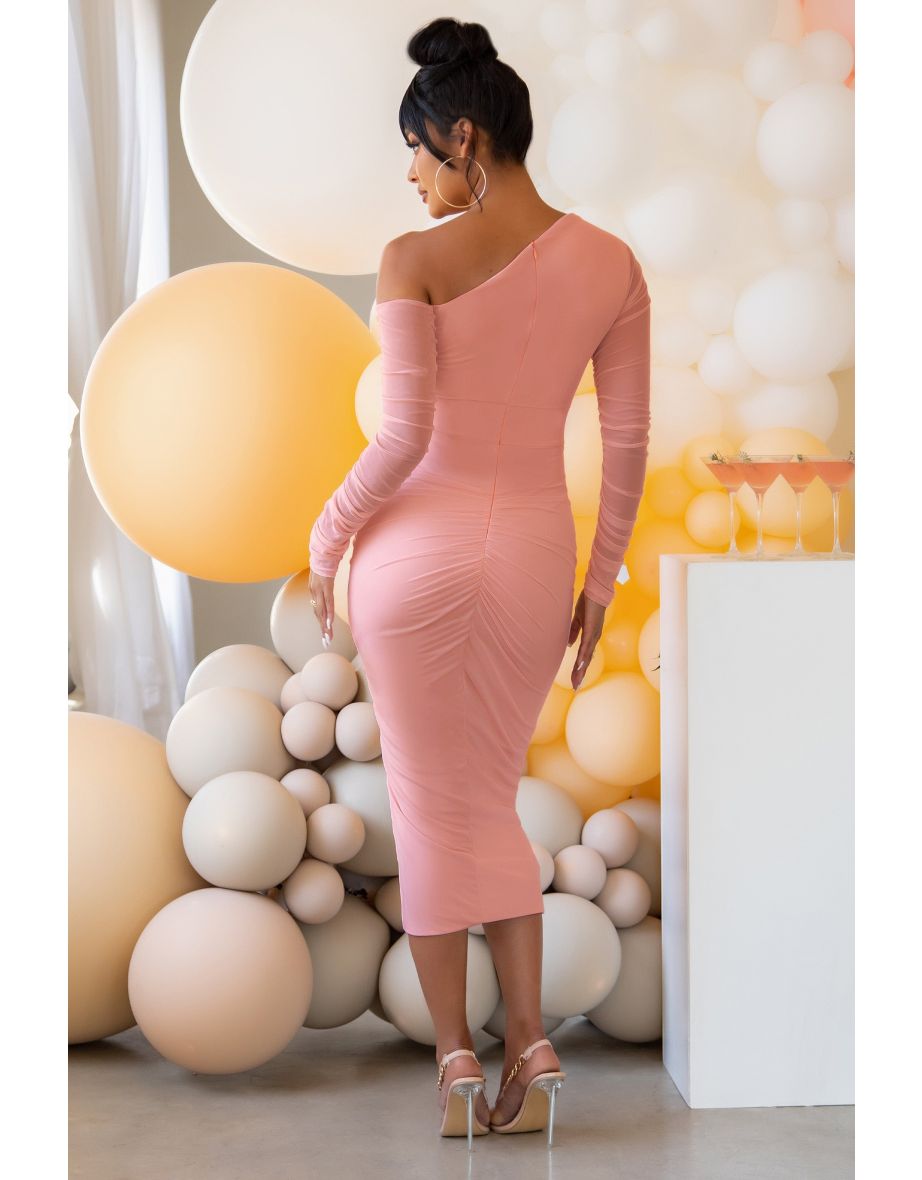 Blush Pink Maternity Asymmetric Ruched Maxi Dress - 3