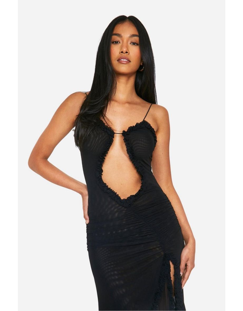 Trim Cut Out Asym Extreame Ruffle Maxi Dress - black - 3