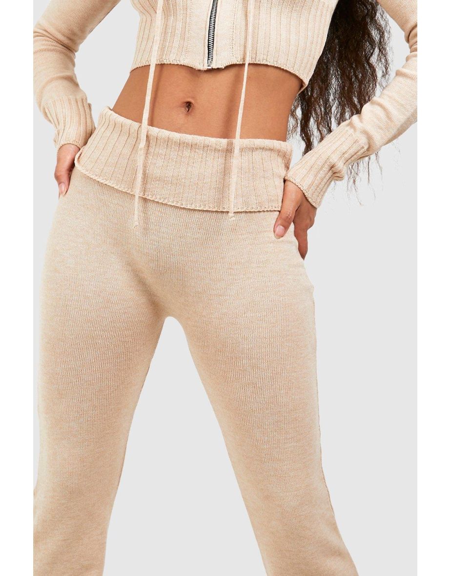 Petite Knitted Fold Over Waist Flares - stone - 3