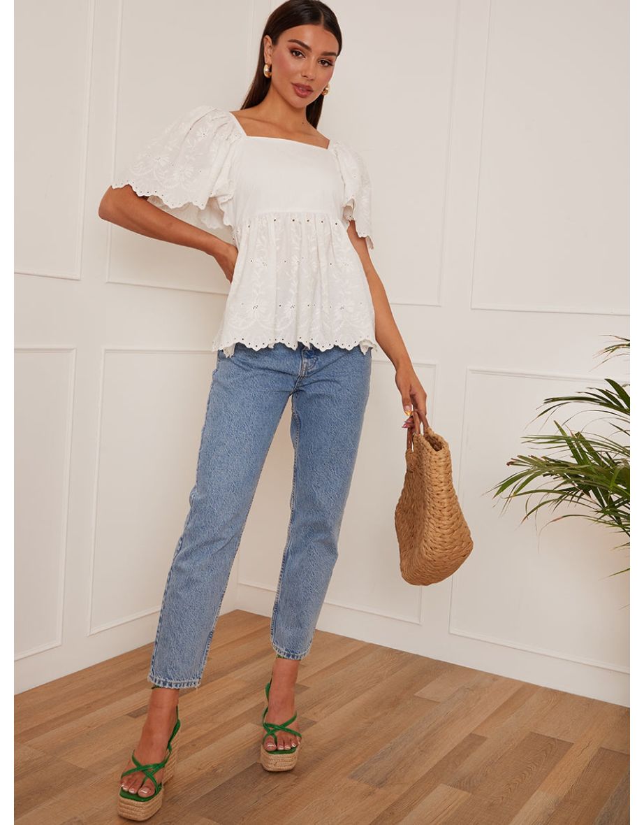 Short Sleeve Broderie Anglaise Peplum Top in White