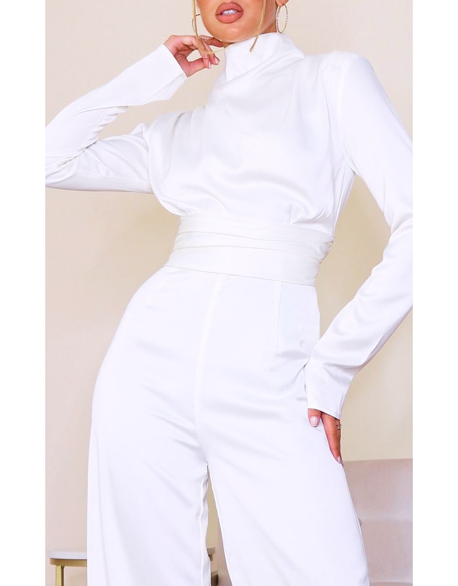 White Satin High Neck Long Sleeve Jumpsuit - 3