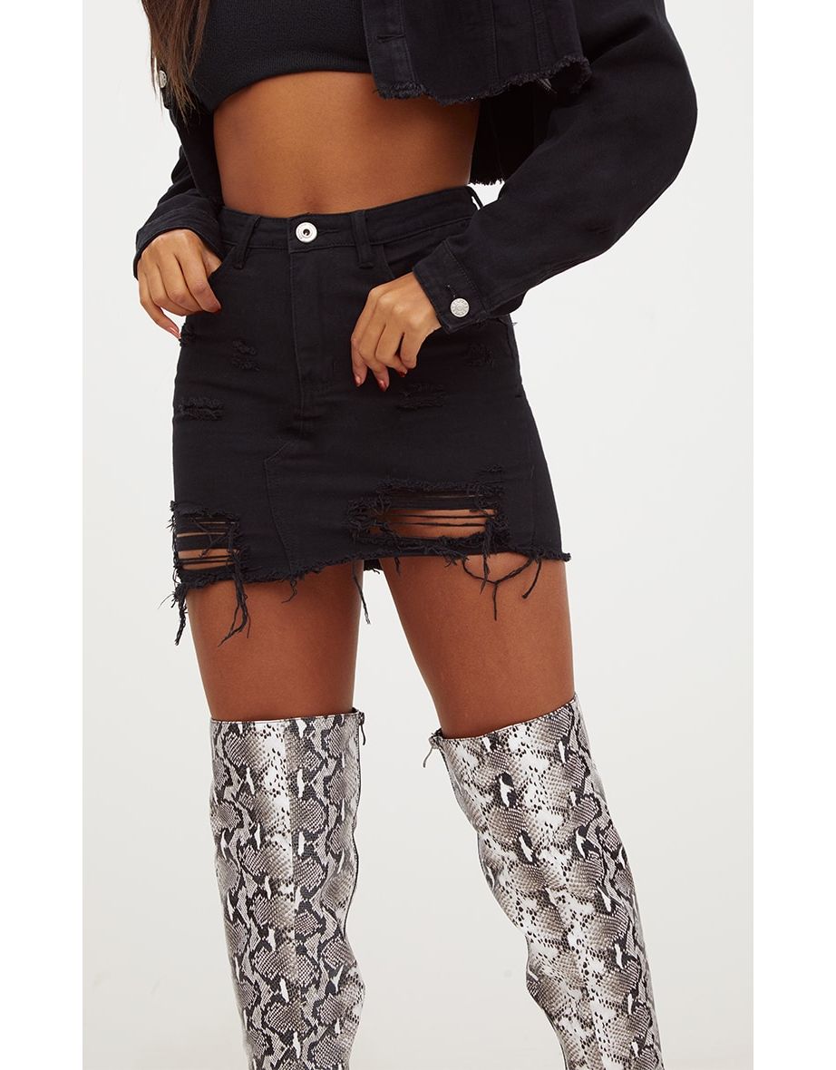 Black Distressed Rip Denim Mini Skirt - 5