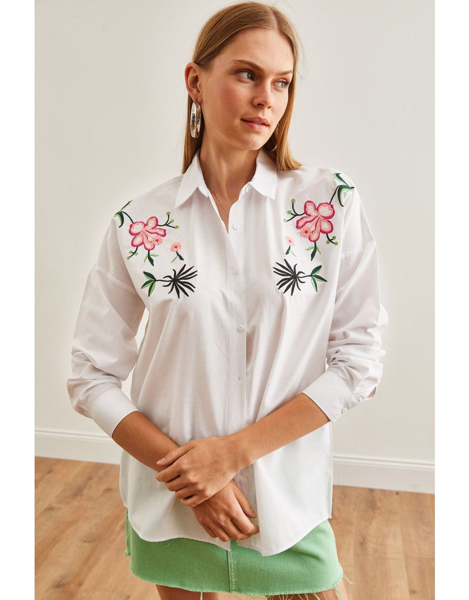 Women's Lily White Embroidery Detailed Oversize Woven Shirt - 5