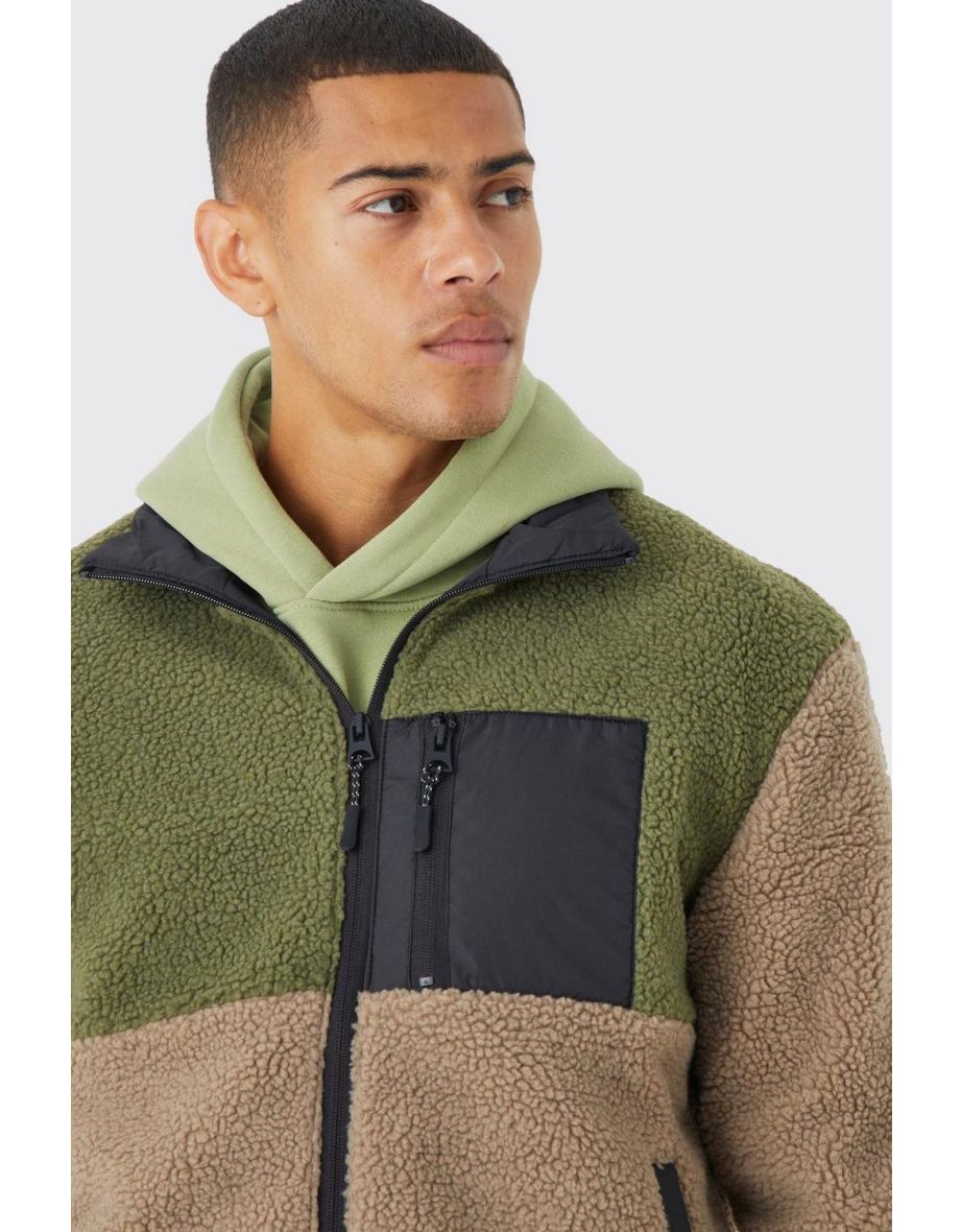 Colour Block Funnel Neck Borg Jacket - multi - 2
