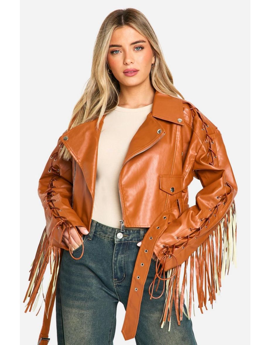 Fringe Detail Belted Faux Leather Biker Jacket - tan - 3