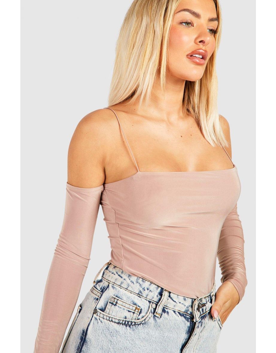 Double Layer Slinky Strappy Long Sleeve Top - taupe - 3