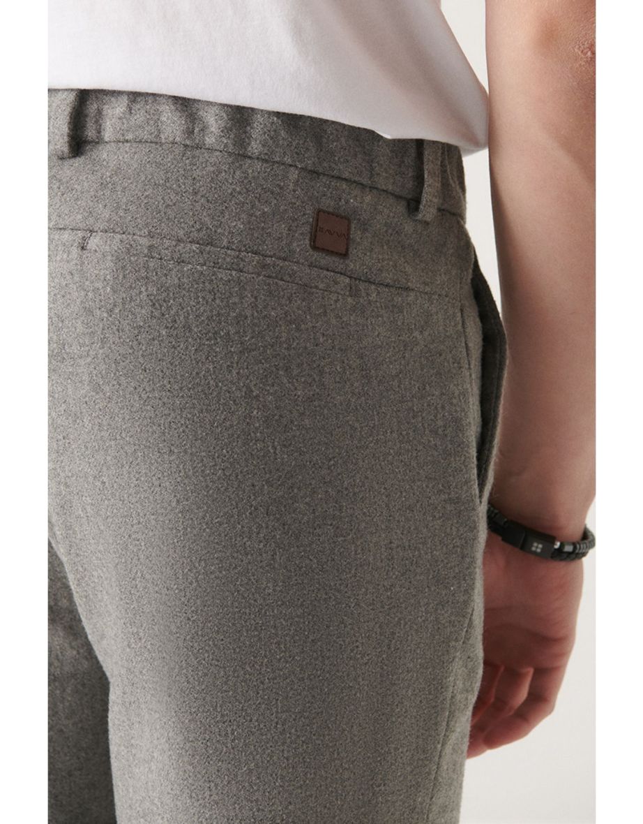Men's Gray Woolen Pants with Elastic Waist - 5