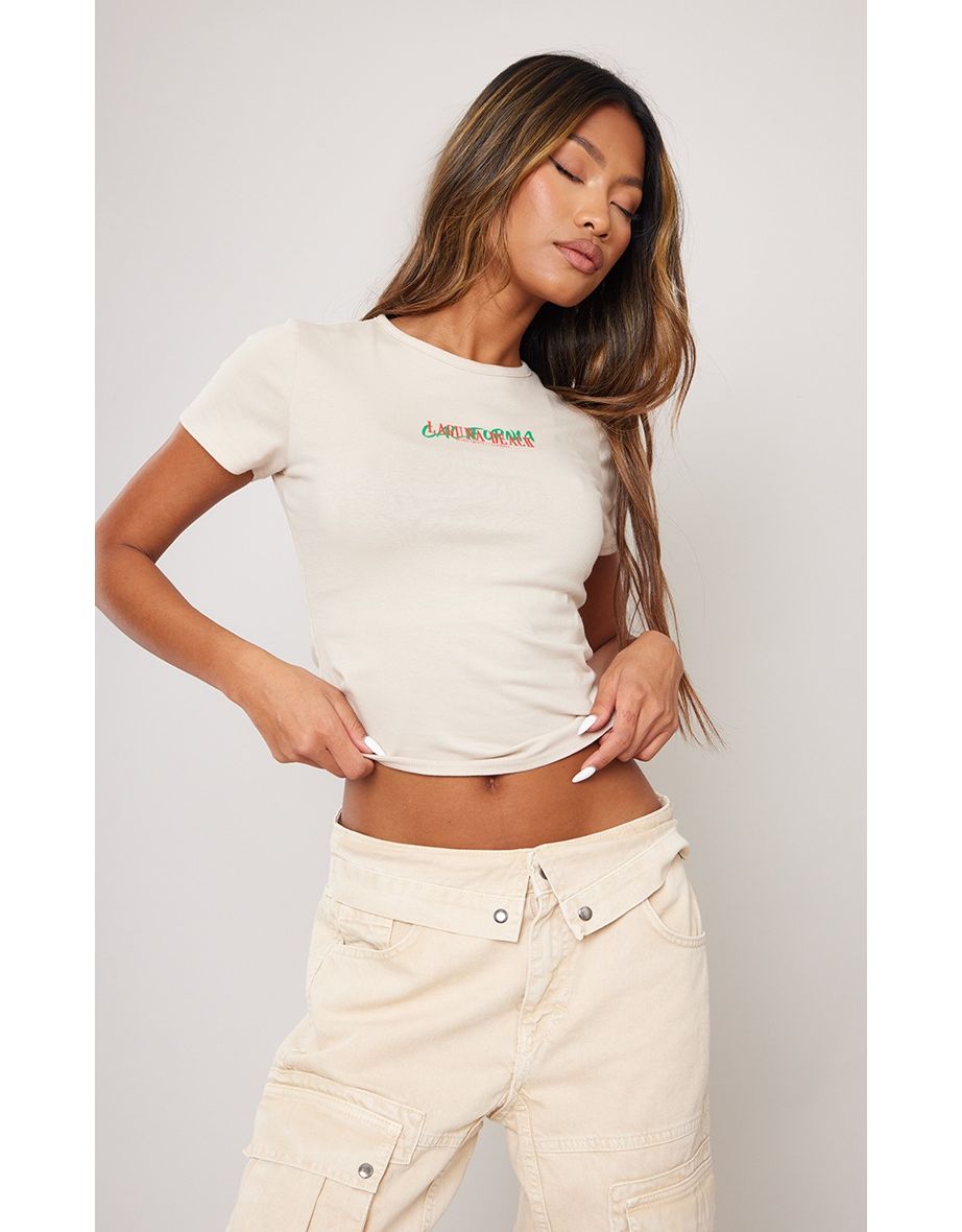 Camel Laguna Beach Print Fitted Long T Shirt