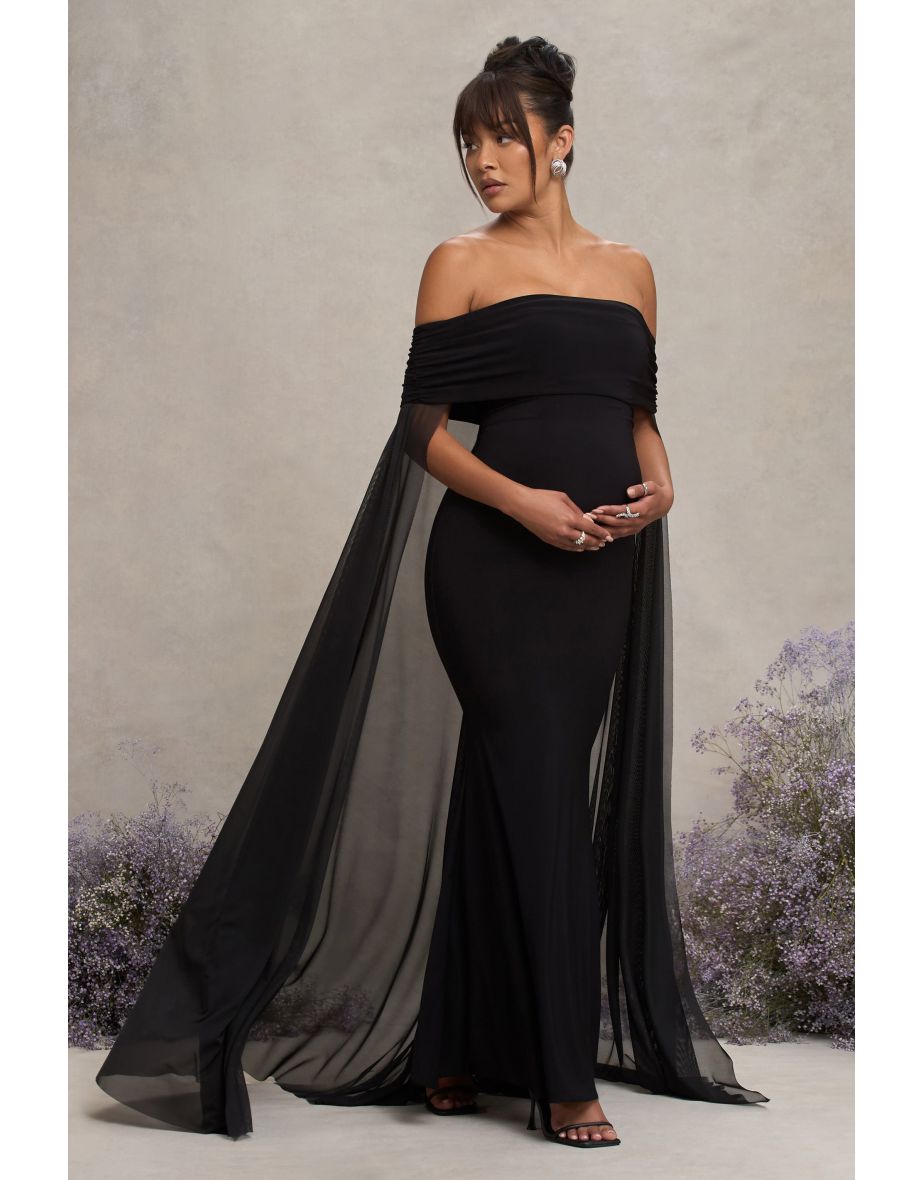 Carlotta | Black Bardot Maternity Maxi Dress With Chiffon Cape