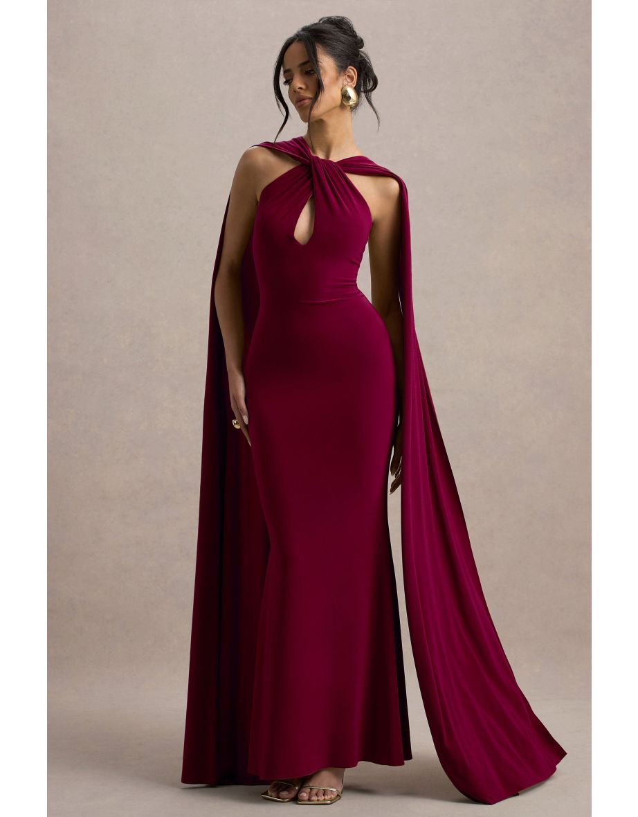 Rhoda | Burgundy Twist Halter-Neck Cape Maxi Dress - 5