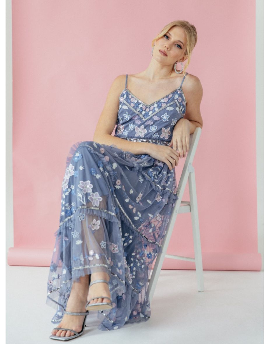 Shop Maya Dusty Blue Floral Embellished Cami Midi Dress Online in Bahrain VogaCloset