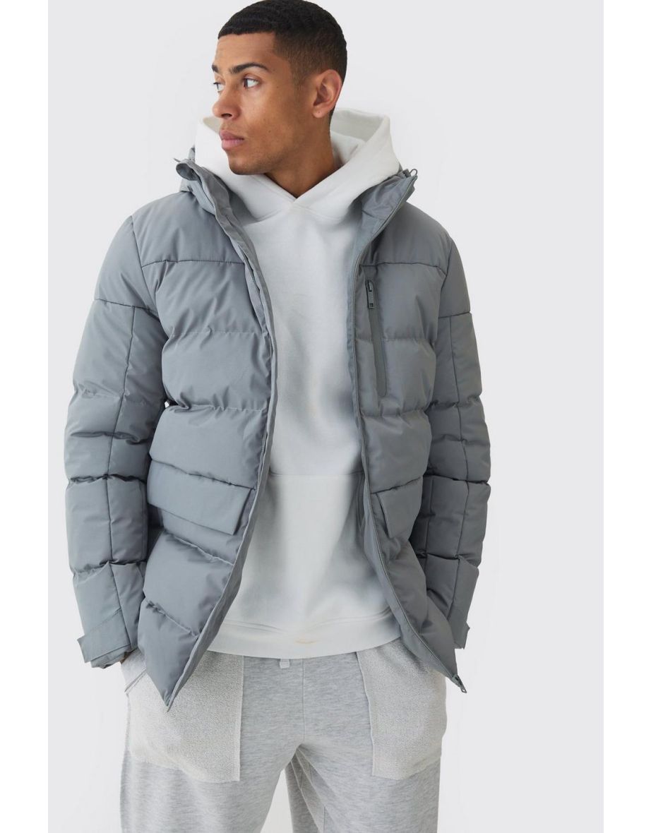 Mid Length Hooded Puffer In Grey - grey