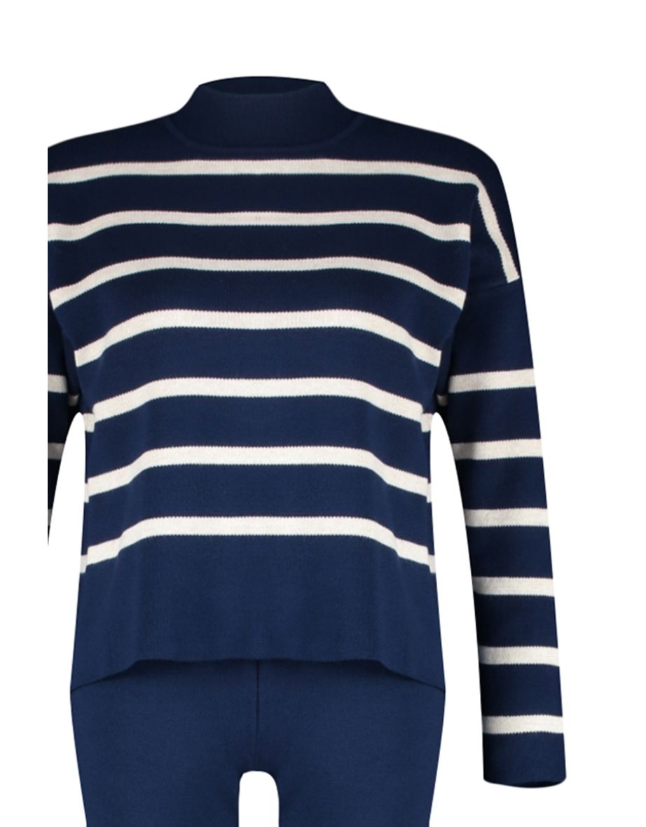 Navy Blue Striped Sweater Bottom-Top Suit with Pants - 7