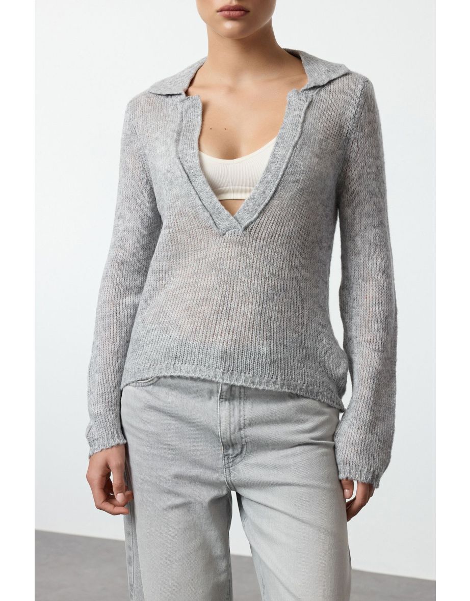 Grey Soft Textured Loose Knit Sweater - 4