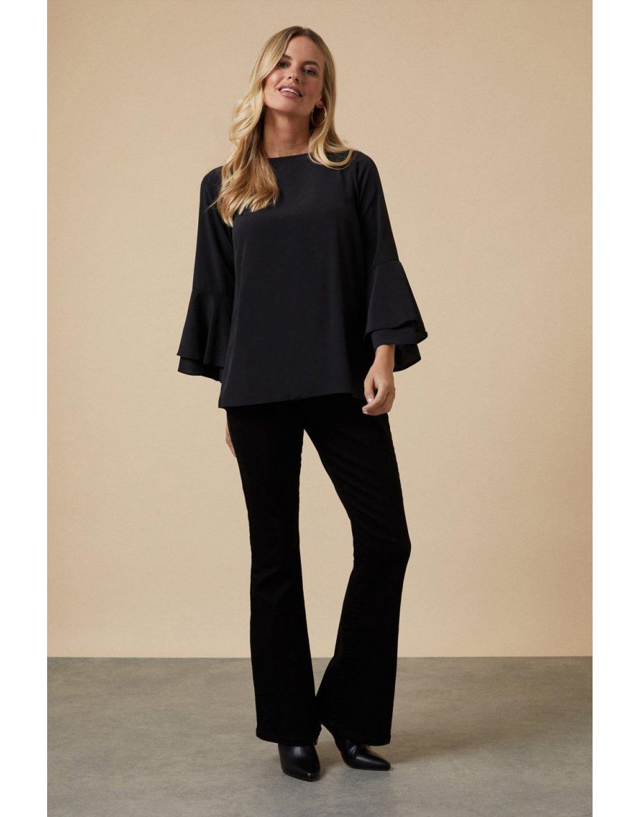 Petite Plain Black Flute Sleeve Top