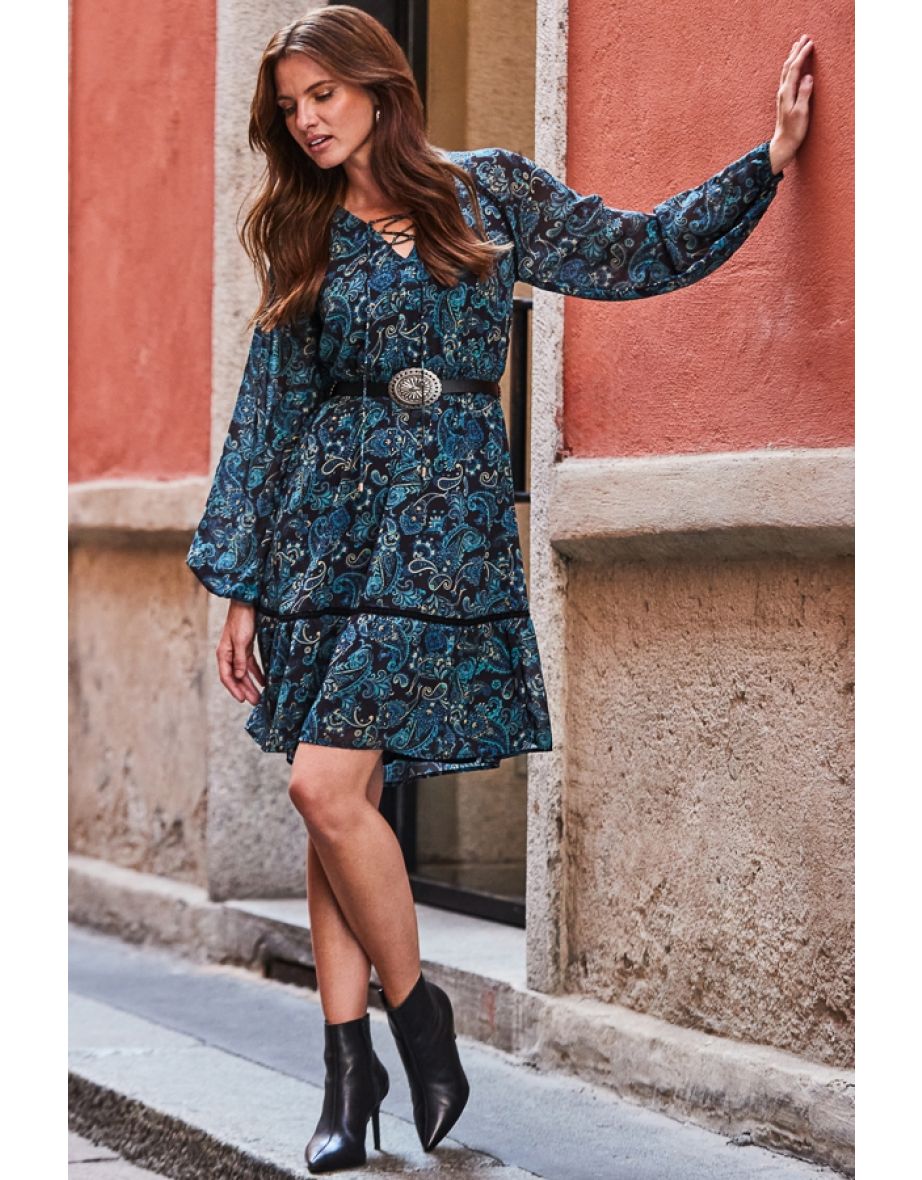 Navy Blue Paisley Print Fit & Flare Dress