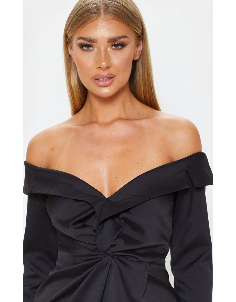 Black Bardot Knot Detail Blazer Dress - 4