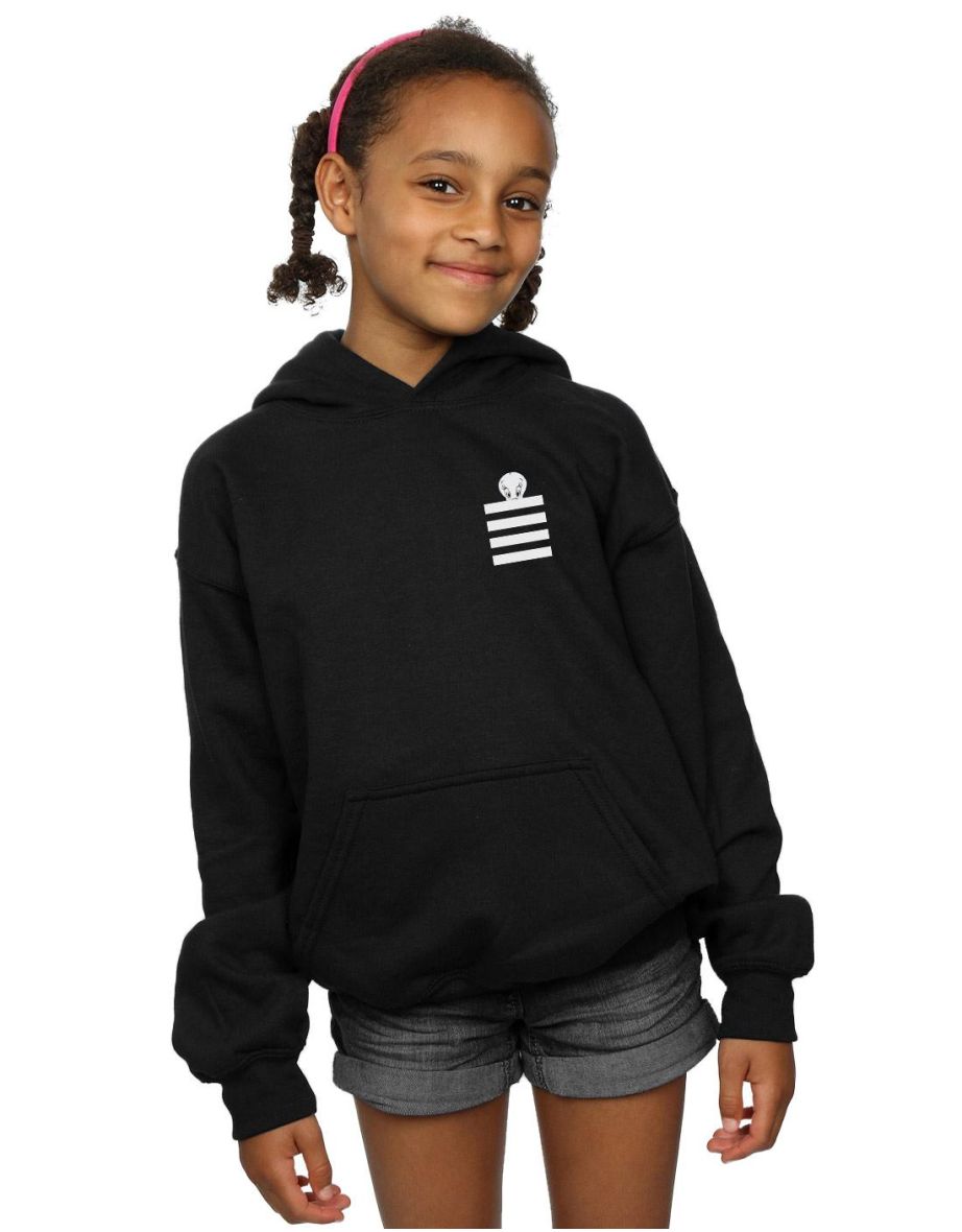 Looney Tunes Girls Tweety Pie Striped Faux Pocket Hoodie - Black