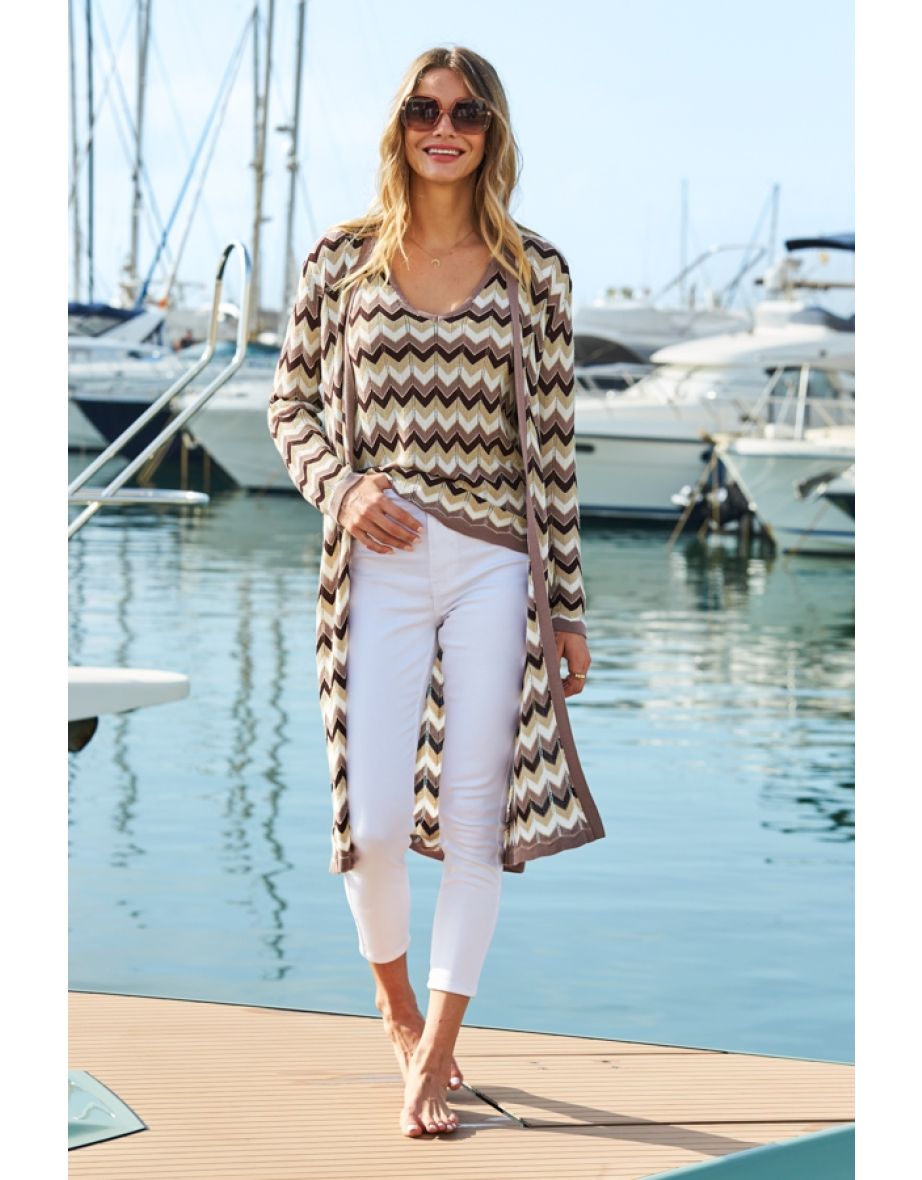 Neutral Metallic Chevron Print Longline Cardigan