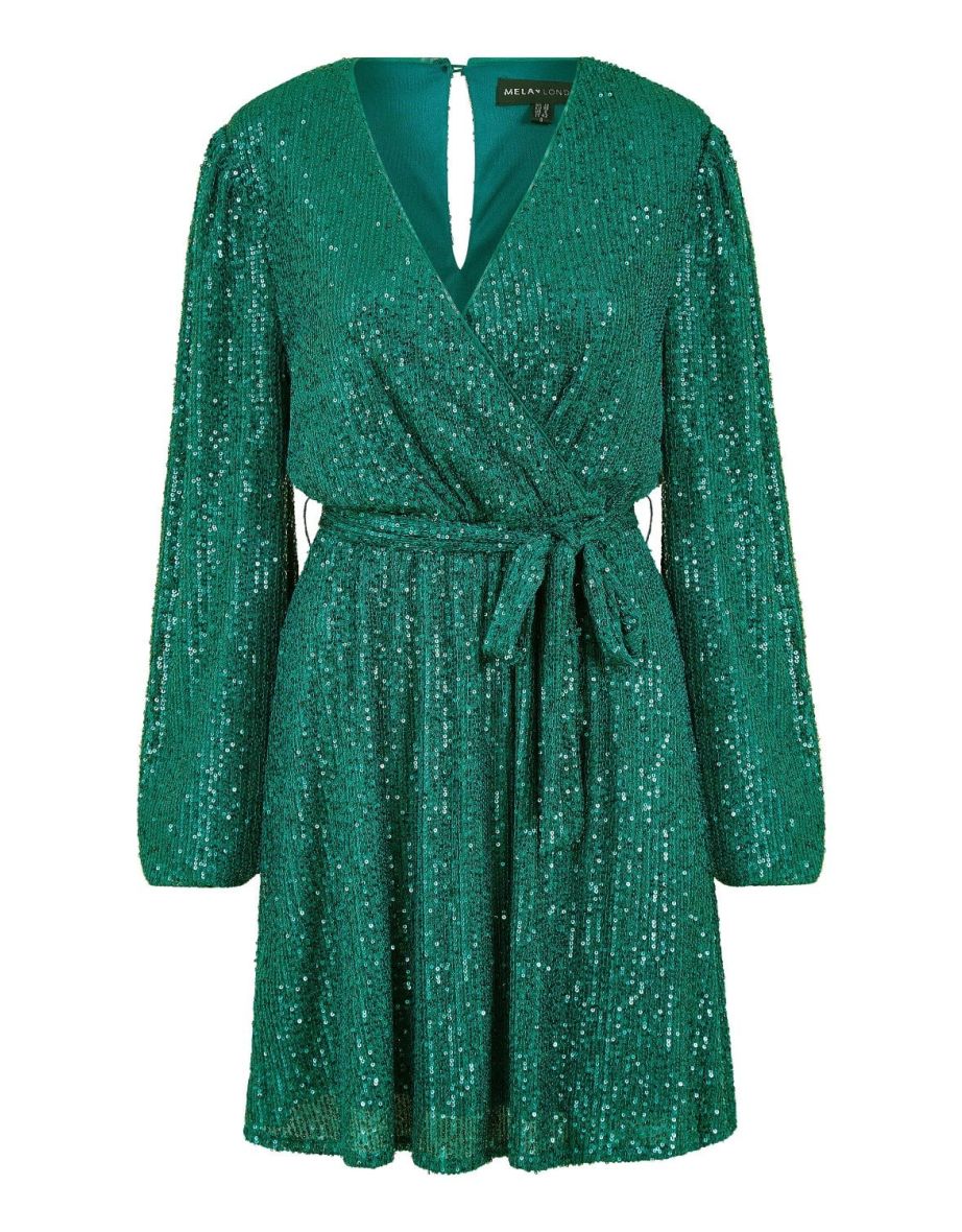 Mela Green Sequin Belted Wrap Long Sleeve Dress - 6