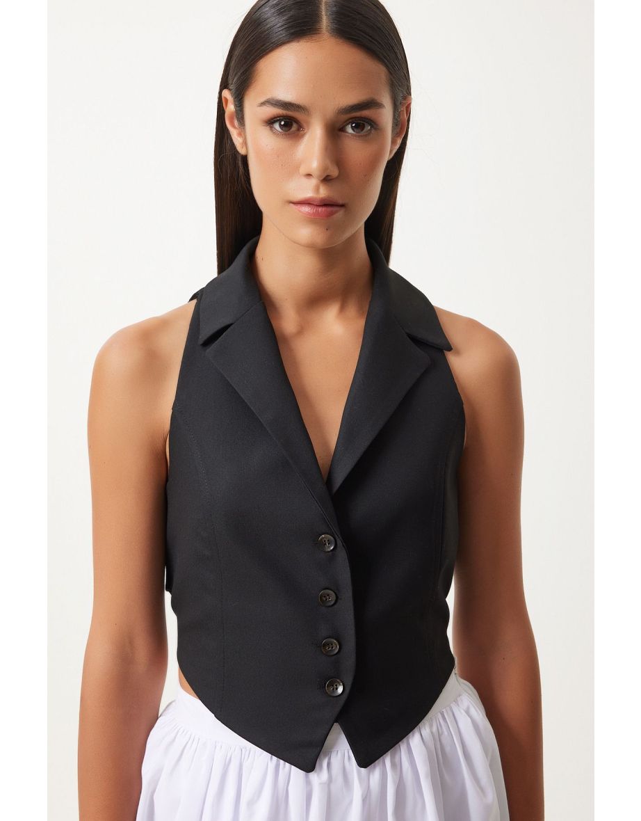 Women's Black Shawl Collar Woven Vest