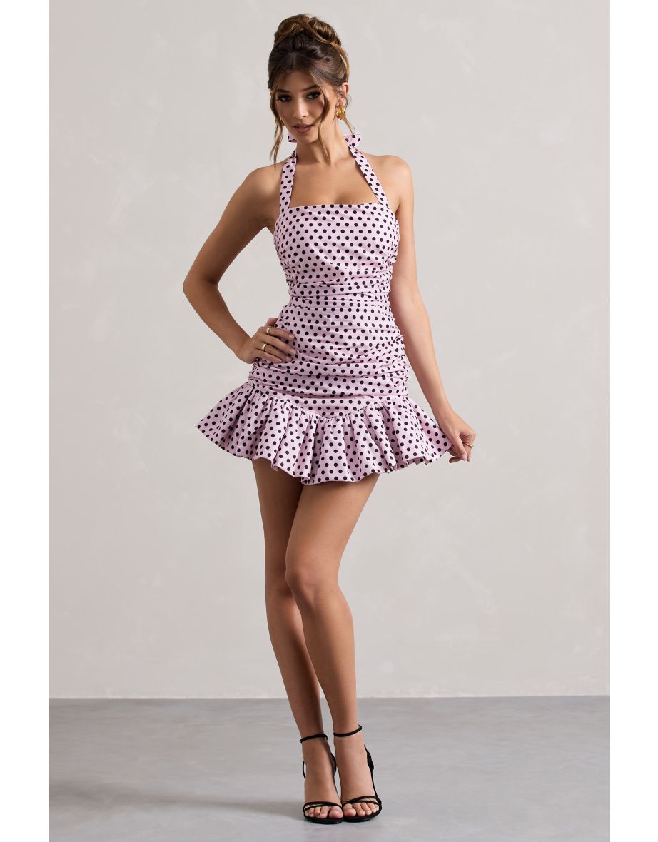 Zahra | Pink & Black Polka Dot Halter-Neck Ruched Mini Dress With Ruffle Hem