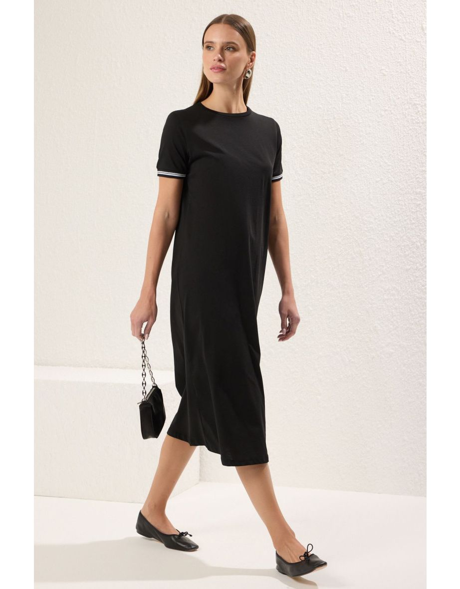 Black Knitwear with Tape Detail Crew Neck Short Sleeve Flexible Knitted Dress