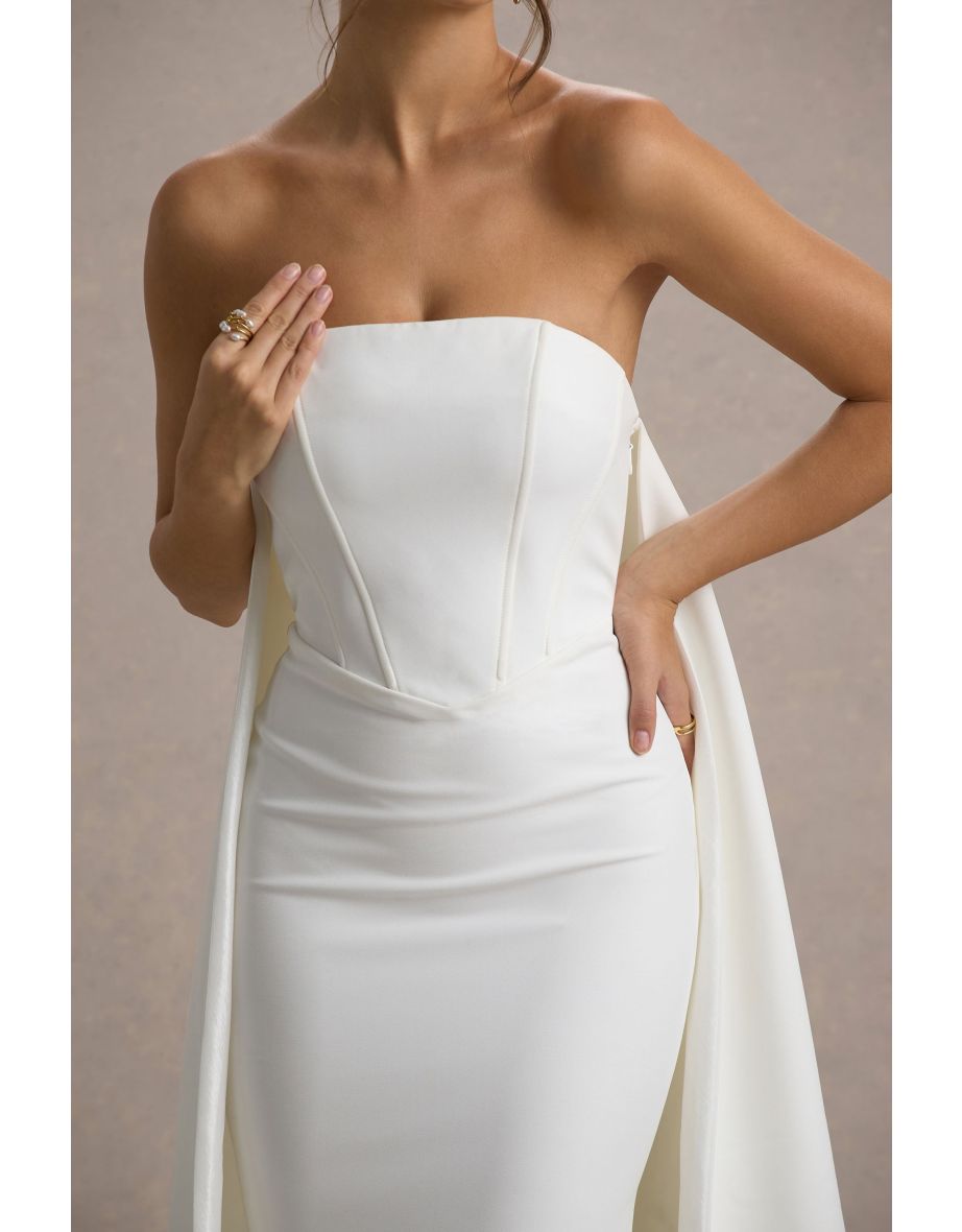 She's Trouble | White Bandeau Maxi Dress With Cape - 6