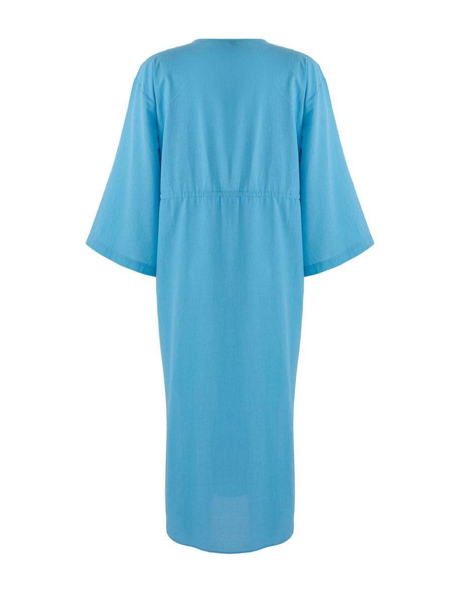 Turquoise Plain Fitted Maxi Woven Striped 100% Cotton Dress - 6