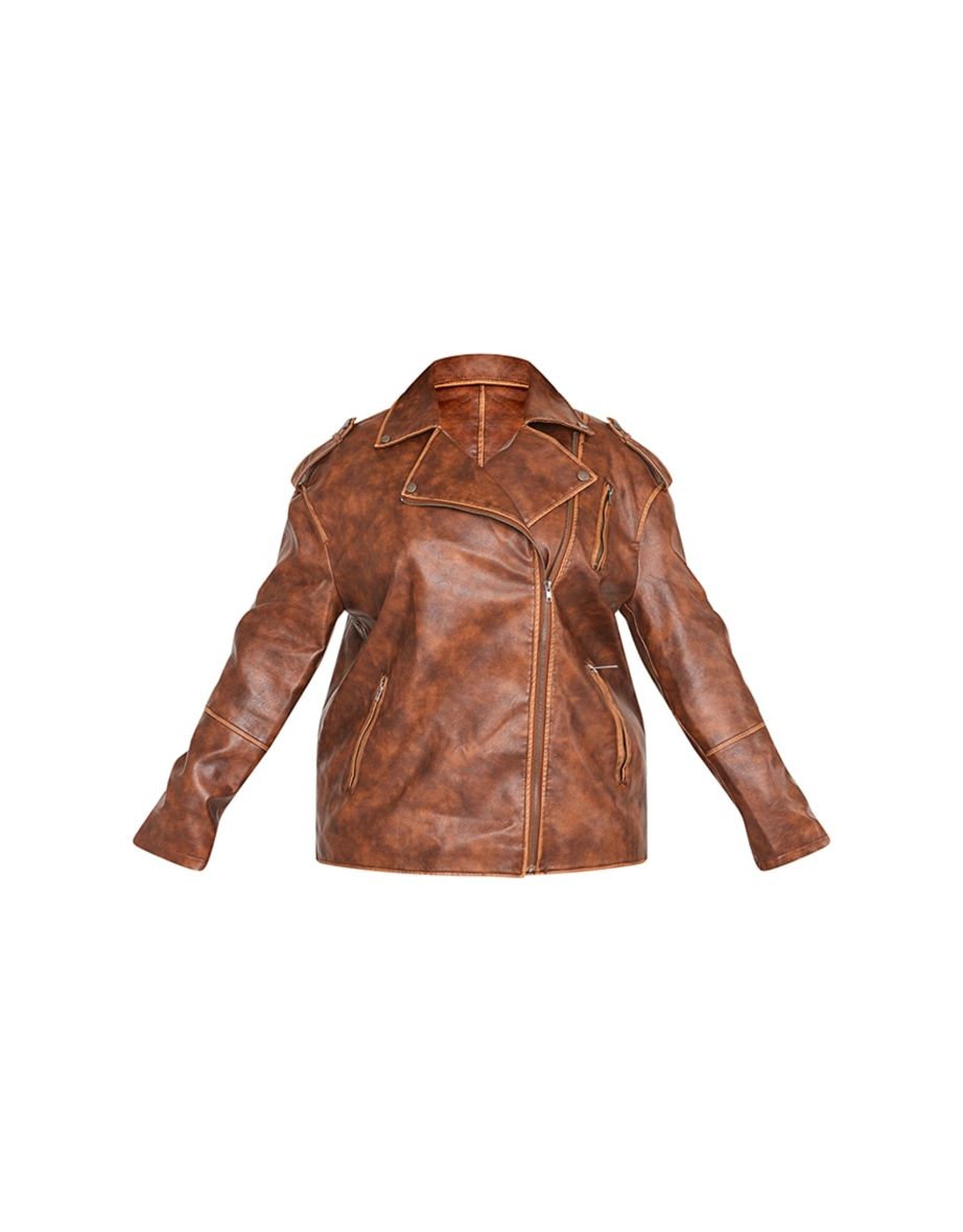 Plus Brown Distressed Faux Leather Biker Jacket - 4