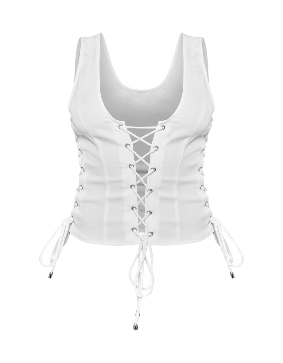 White Woven Lace Up Detail Plunge Sleeveless Top - 4