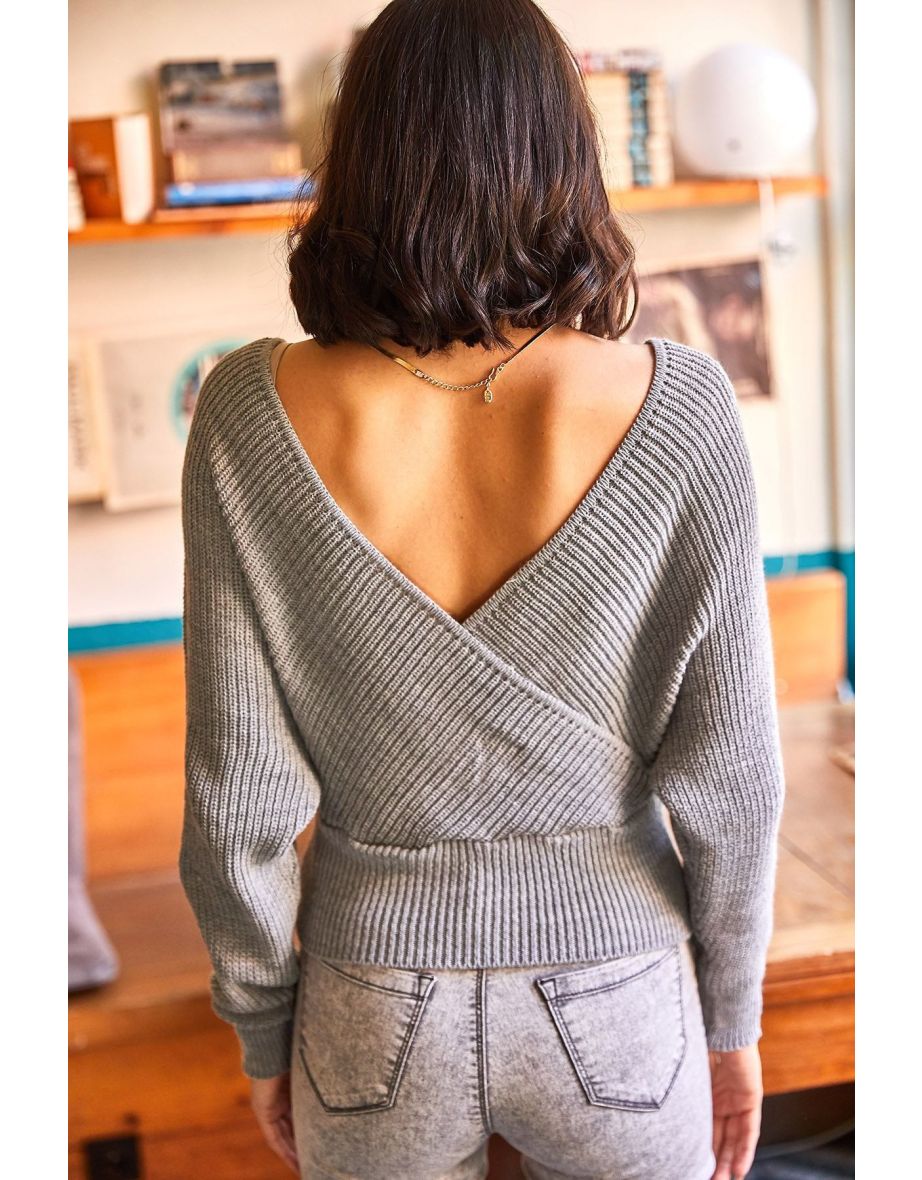 Women's Gray Front Back Double Breasted Waist Top Crop Knitwear Sweater - 5