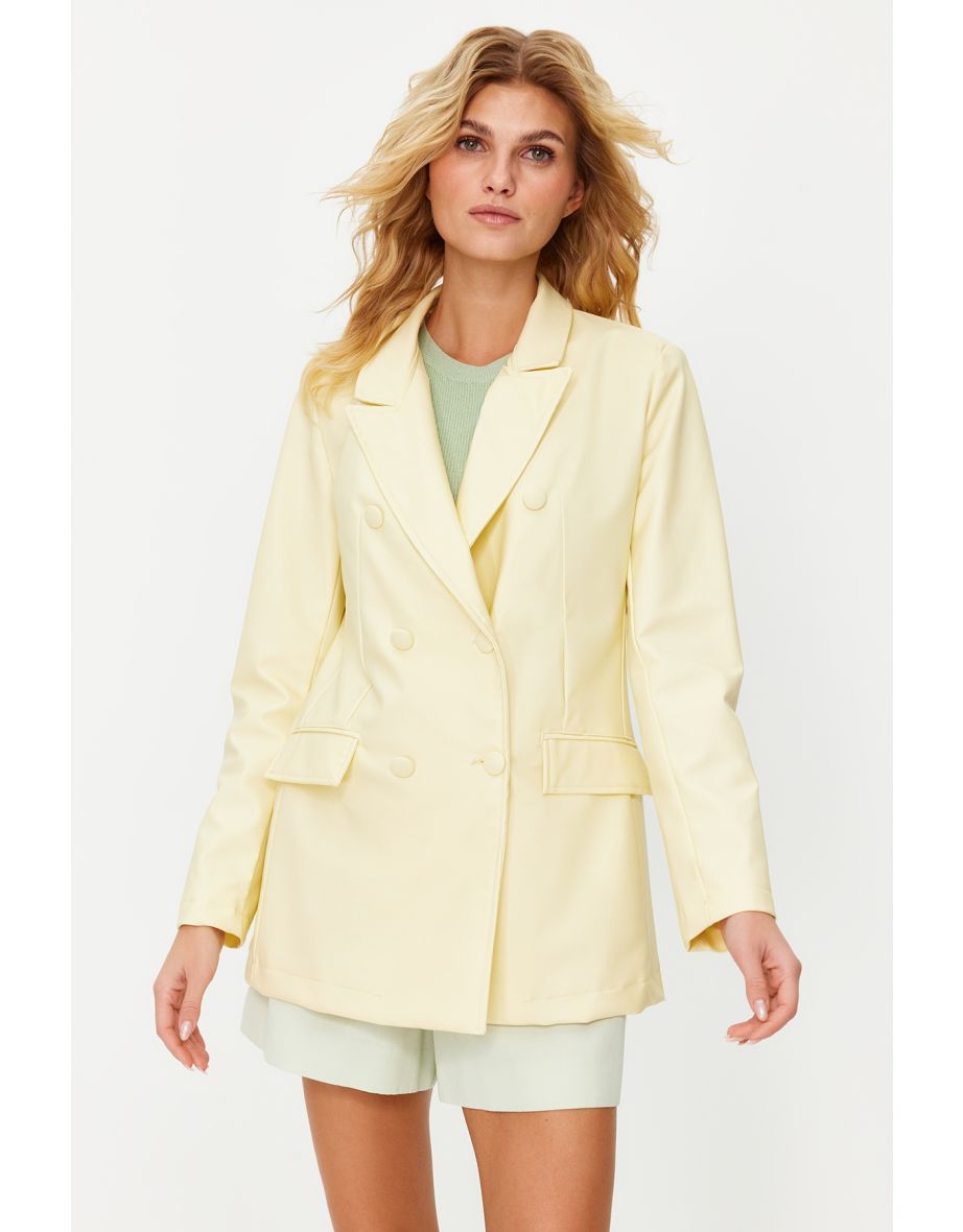 Light Yellow Double Breasted Closure Woven Lining Faux Leather Blazer Jacket
